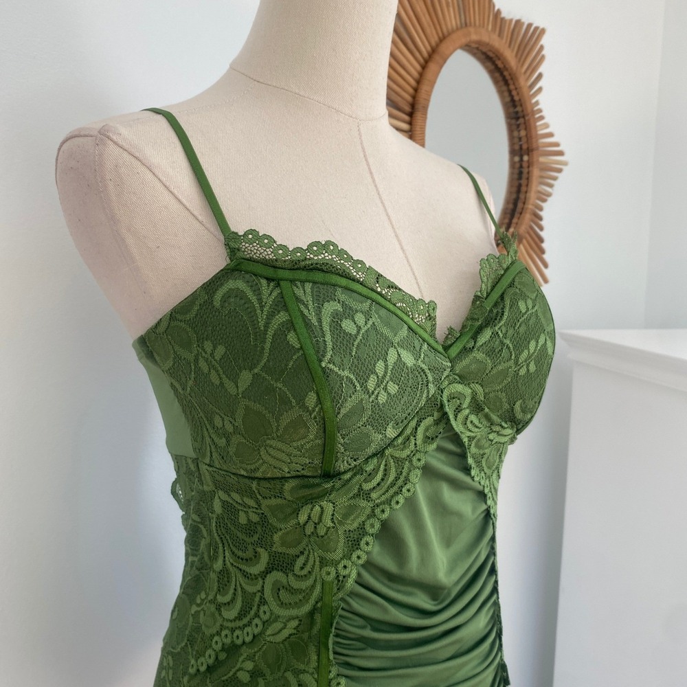 Vintage Y2K XOXO Green Lace Satin Bustier Cami Tank Top M McBling Indie Sleeze - Picture 3 of 13